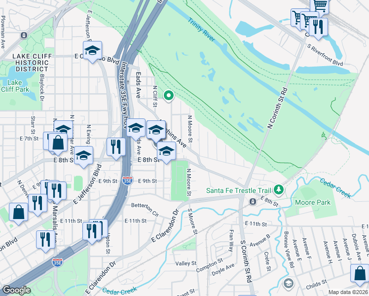 map of restaurants, bars, coffee shops, grocery stores, and more near 333 North Moore Street in Dallas