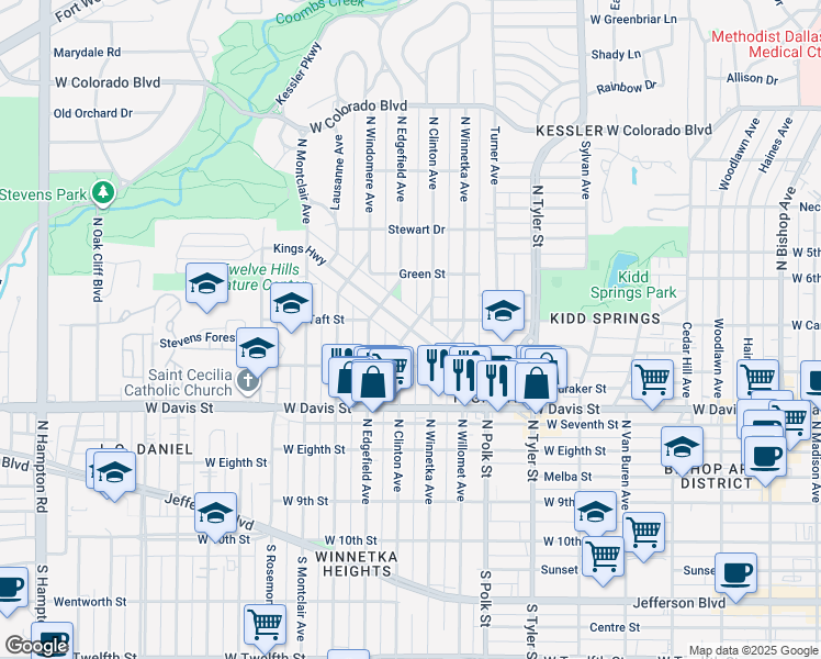 map of restaurants, bars, coffee shops, grocery stores, and more near 798 North Clinton Avenue in Dallas