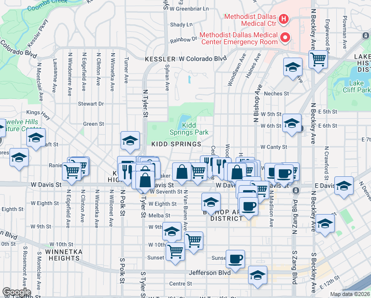 map of restaurants, bars, coffee shops, grocery stores, and more near 700 West Canty Street in Dallas