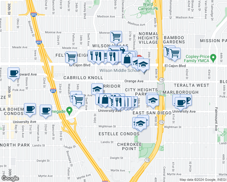 map of restaurants, bars, coffee shops, grocery stores, and more near 4127 36th Street in San Diego