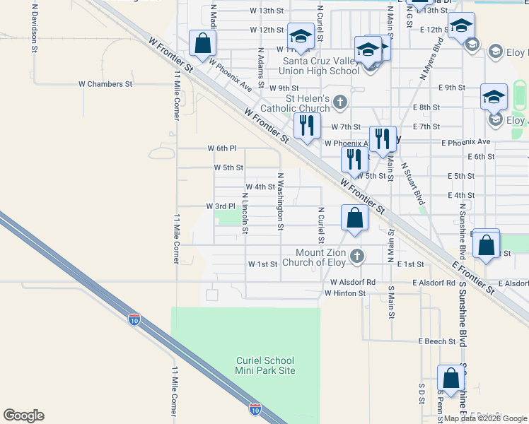 map of restaurants, bars, coffee shops, grocery stores, and more near 412 West 3rd Place in Eloy