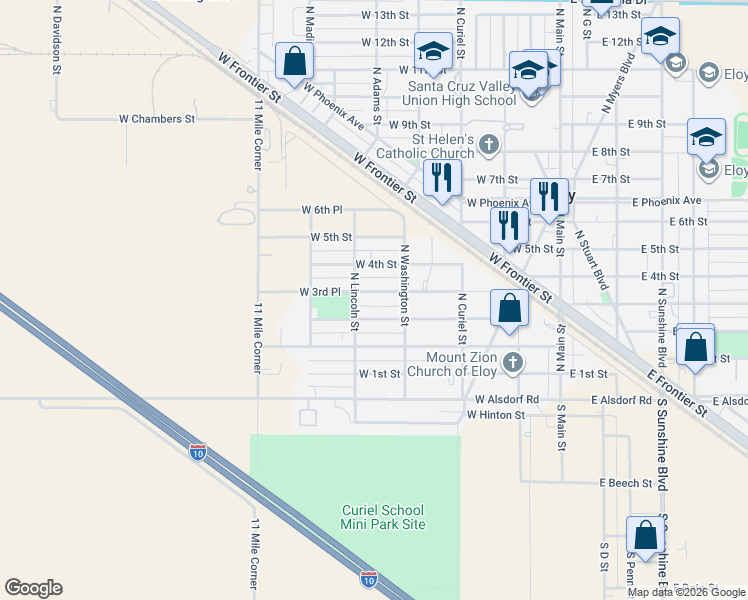 map of restaurants, bars, coffee shops, grocery stores, and more near 412 West 3rd Place in Eloy