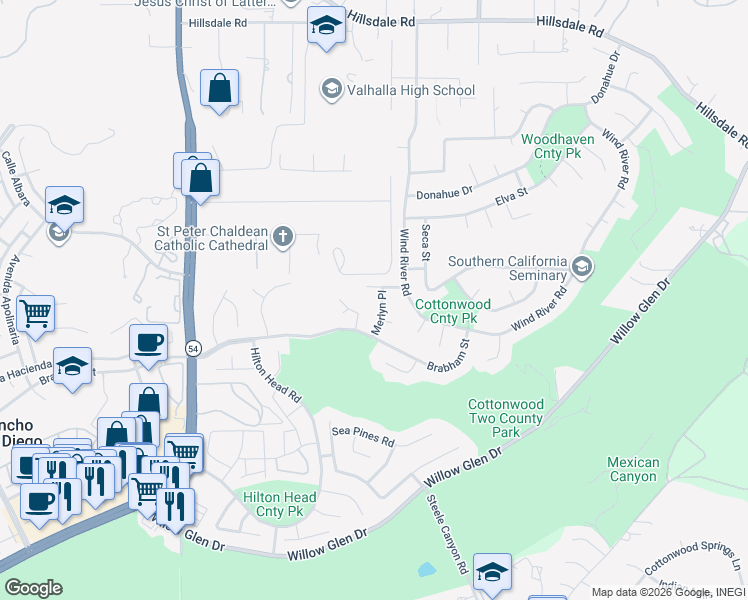 map of restaurants, bars, coffee shops, grocery stores, and more near 2101 Merlyn Place in El Cajon