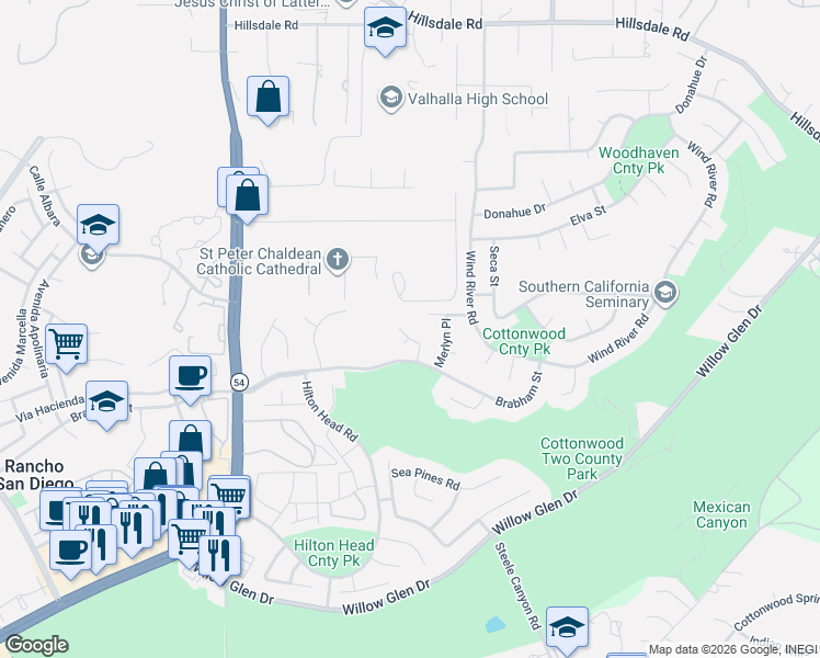 map of restaurants, bars, coffee shops, grocery stores, and more near 1702 Porterfield Place in El Cajon