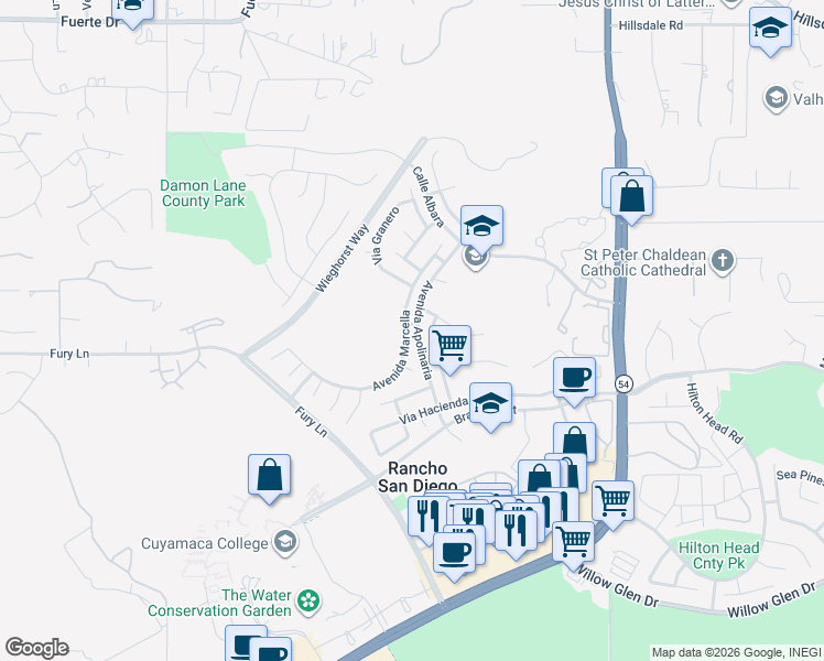 map of restaurants, bars, coffee shops, grocery stores, and more near 11843 Avenida Marcella in El Cajon