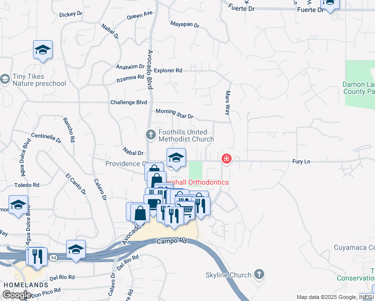 map of restaurants, bars, coffee shops, grocery stores, and more near 10946 Fury Lane in La Mesa