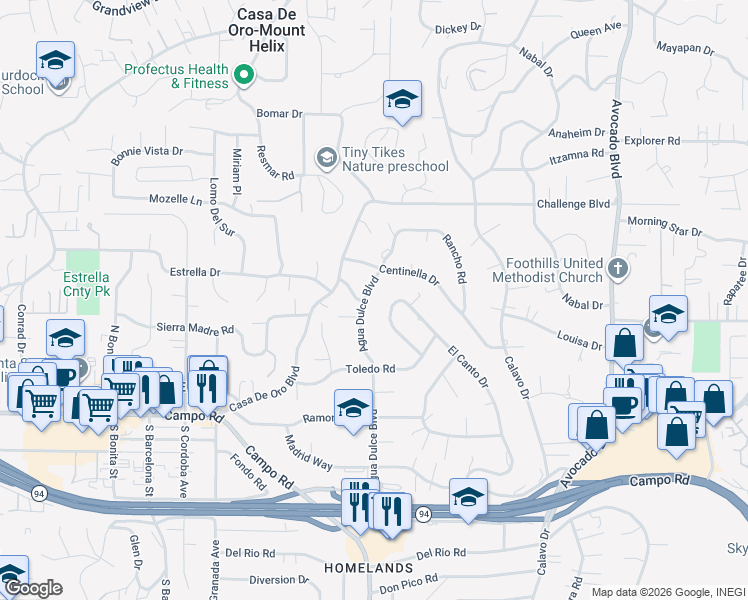 map of restaurants, bars, coffee shops, grocery stores, and more near 3937 El Canto Drive in Spring Valley