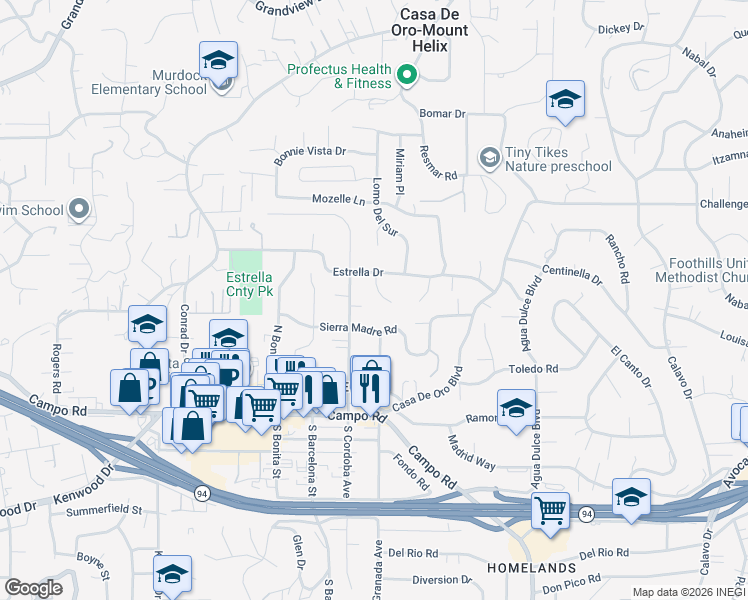 map of restaurants, bars, coffee shops, grocery stores, and more near 4127 Avoyer Place in La Mesa