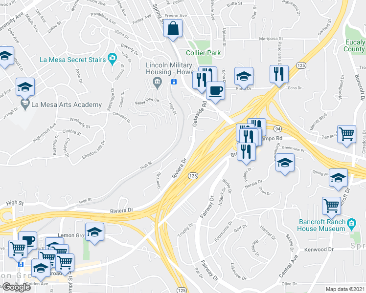 map of restaurants, bars, coffee shops, grocery stores, and more near 4054 Payson Road in La Mesa