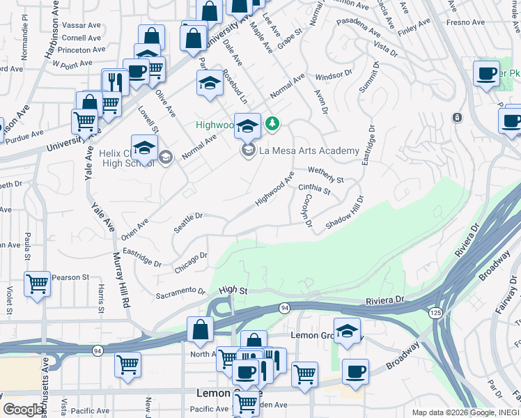 map of restaurants, bars, coffee shops, grocery stores, and more near 7760 Highwood Avenue in La Mesa