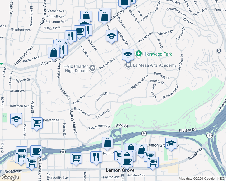 map of restaurants, bars, coffee shops, grocery stores, and more near 7660 Seattle Drive in La Mesa