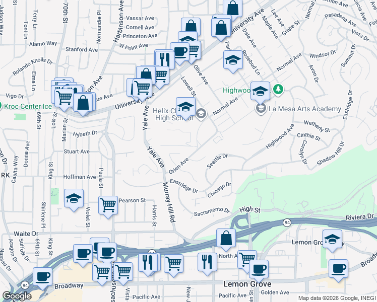 map of restaurants, bars, coffee shops, grocery stores, and more near 7444 Orien Avenue in La Mesa