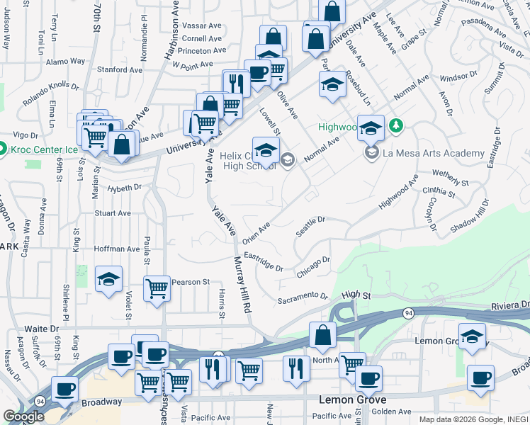 map of restaurants, bars, coffee shops, grocery stores, and more near 7444 Orien Avenue in La Mesa