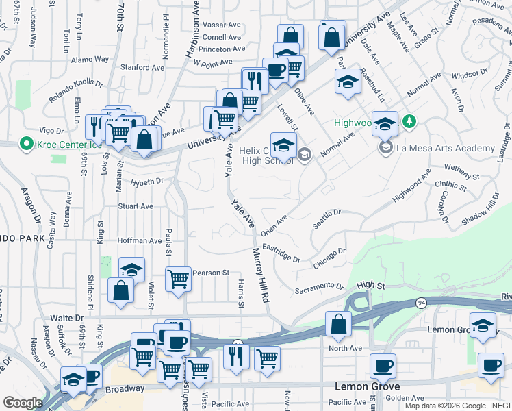 map of restaurants, bars, coffee shops, grocery stores, and more near 7325 Ouro Place in La Mesa
