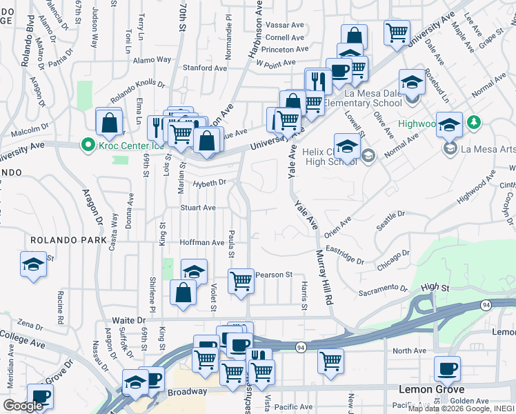 map of restaurants, bars, coffee shops, grocery stores, and more near 7227 Blackton Drive in La Mesa