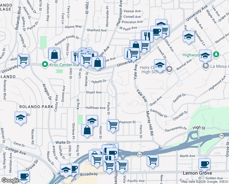 map of restaurants, bars, coffee shops, grocery stores, and more near 4144 Massachusetts Avenue in La Mesa