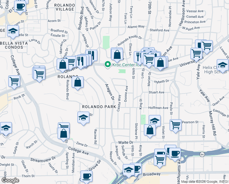 map of restaurants, bars, coffee shops, grocery stores, and more near 4084-4108 Aragon Drive in San Diego