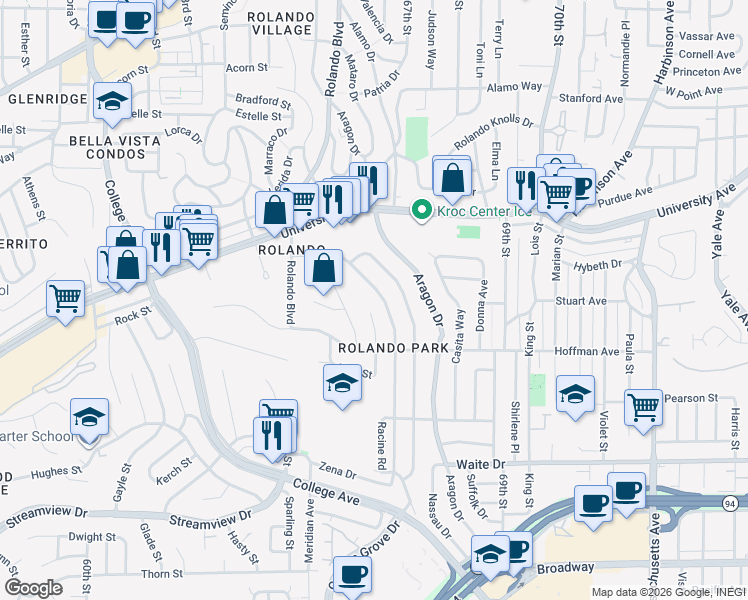 map of restaurants, bars, coffee shops, grocery stores, and more near 4092 Vista Grande Drive in San Diego