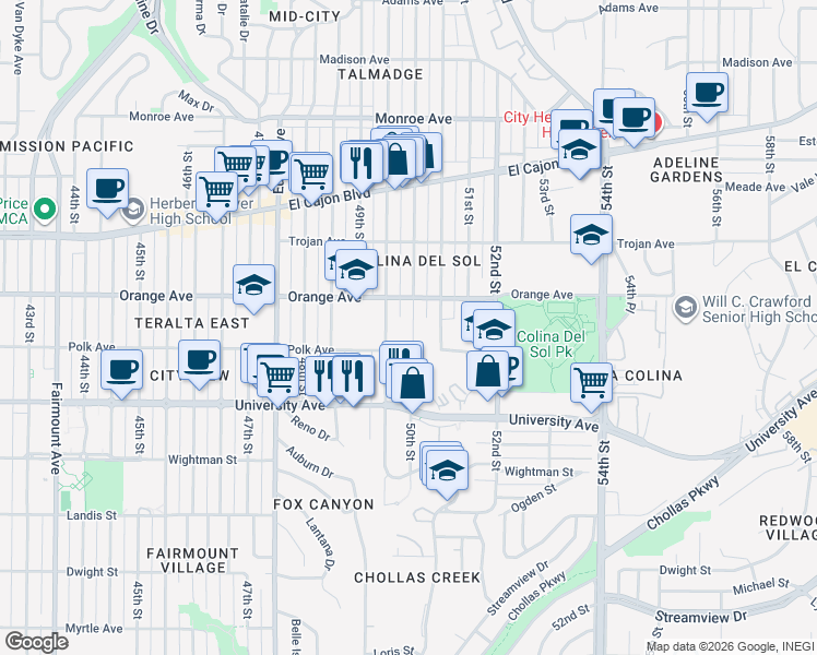 map of restaurants, bars, coffee shops, grocery stores, and more near 4168 50th Street in San Diego