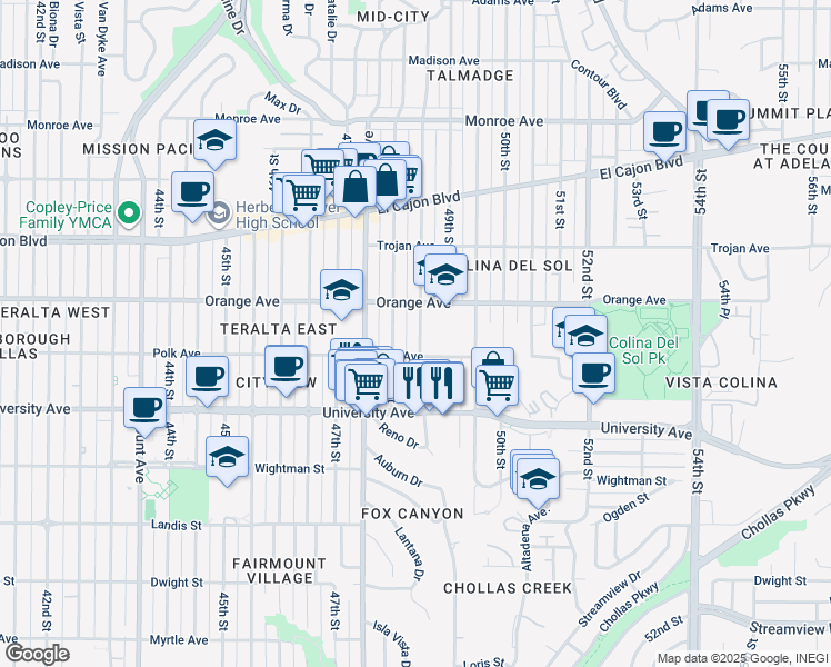 map of restaurants, bars, coffee shops, grocery stores, and more near 4152 Estrella Avenue in San Diego