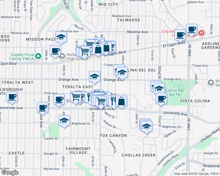 map of restaurants, bars, coffee shops, grocery stores, and more near 4166 48th Street in San Diego