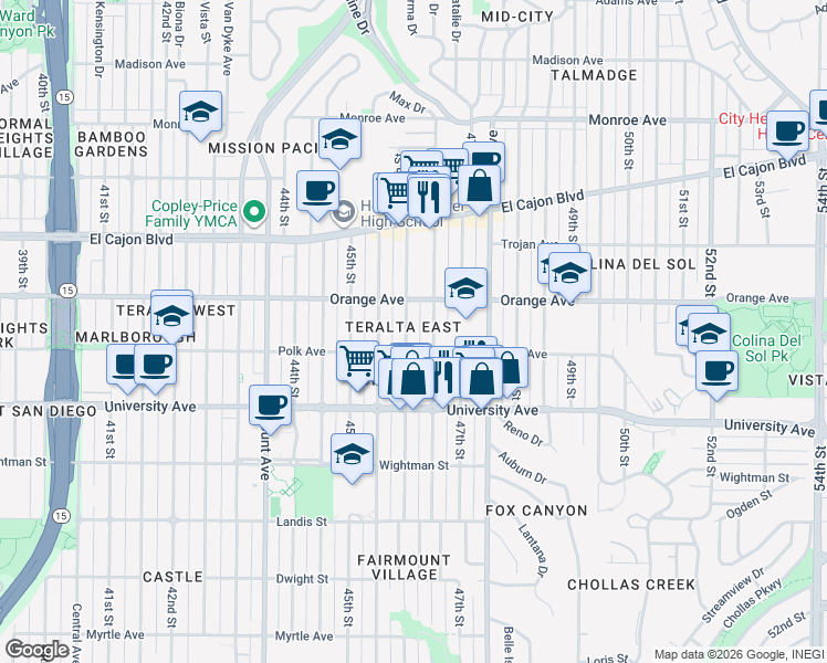 map of restaurants, bars, coffee shops, grocery stores, and more near 4166 Menlo Avenue in San Diego