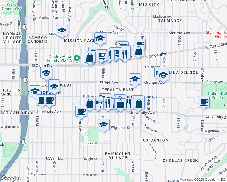 map of restaurants, bars, coffee shops, grocery stores, and more near 4154 46th Street in San Diego