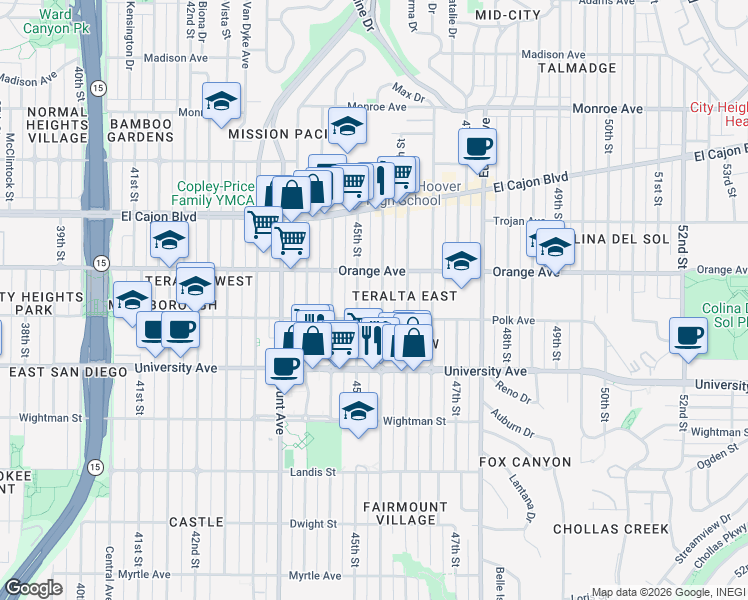 map of restaurants, bars, coffee shops, grocery stores, and more near 4163 45th Street in San Diego