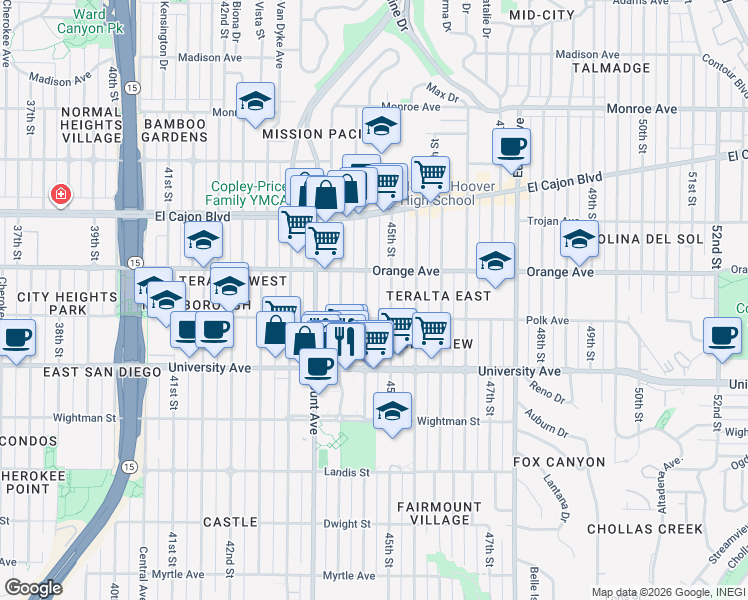 map of restaurants, bars, coffee shops, grocery stores, and more near 4168 Highland Avenue in San Diego