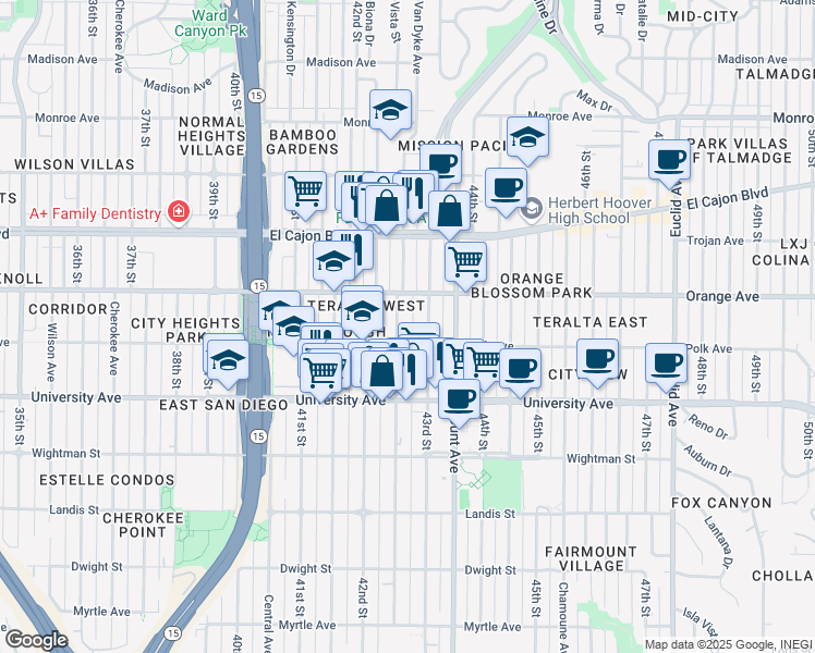 map of restaurants, bars, coffee shops, grocery stores, and more near 4156 Van Dyke Avenue in San Diego