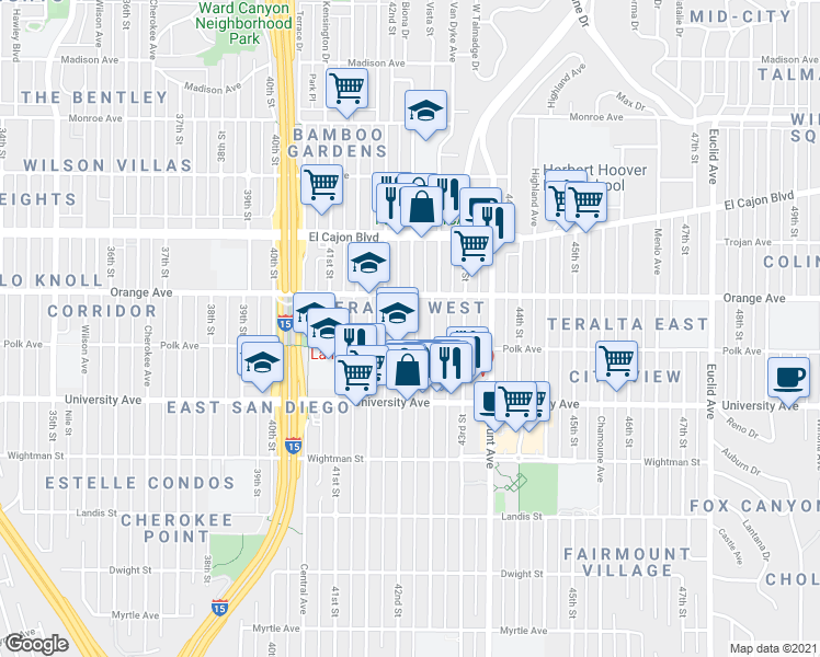 map of restaurants, bars, coffee shops, grocery stores, and more near 4156 Van Dyke Avenue in San Diego