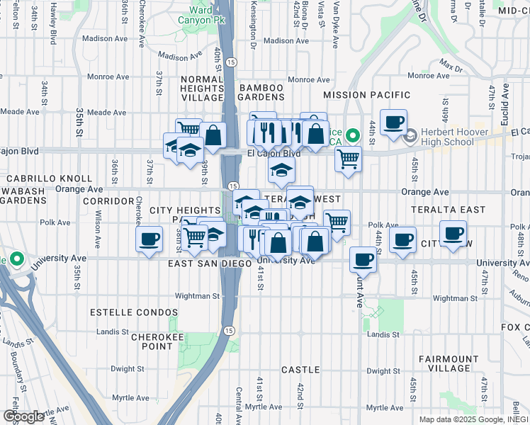 map of restaurants, bars, coffee shops, grocery stores, and more near 4155 41st Street in San Diego