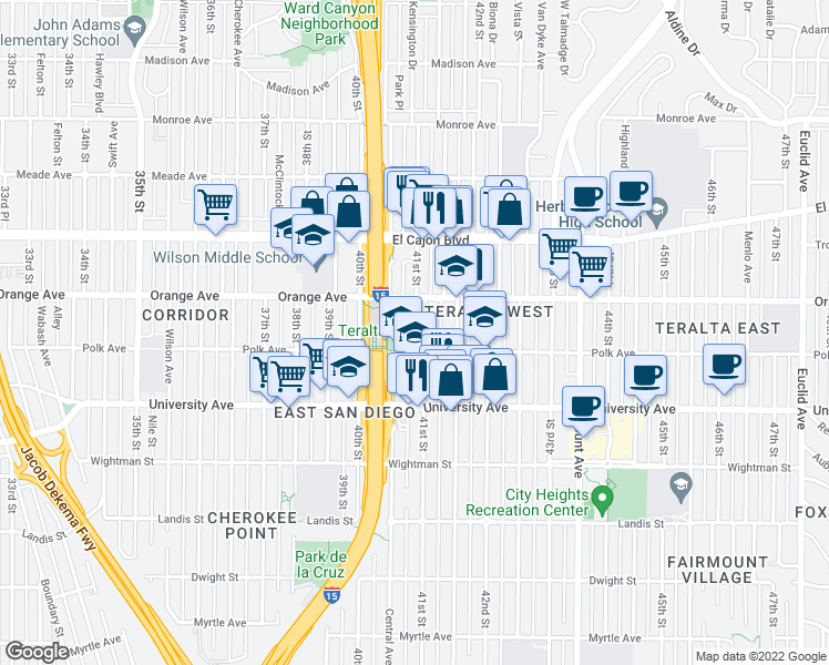 map of restaurants, bars, coffee shops, grocery stores, and more near 4155 1/2 Central Avenue in San Diego