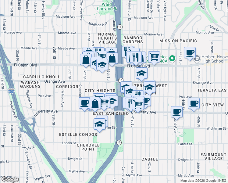 map of restaurants, bars, coffee shops, grocery stores, and more near 4158 40th Street in San Diego