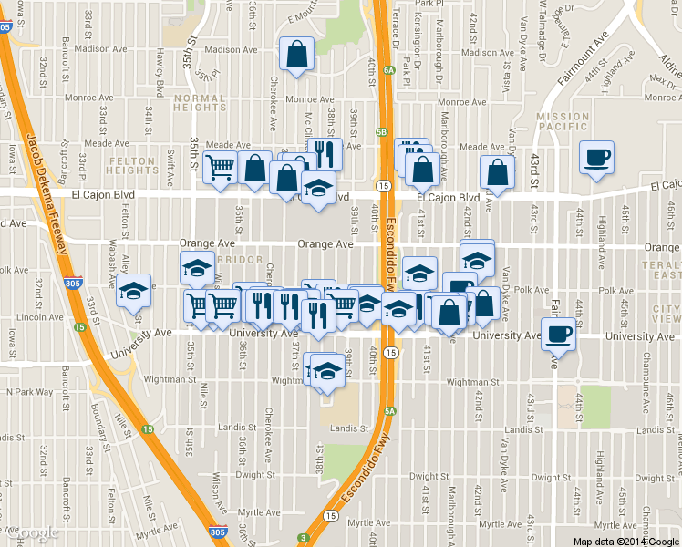 map of restaurants, bars, coffee shops, grocery stores, and more near 4154 39th Street in San Diego
