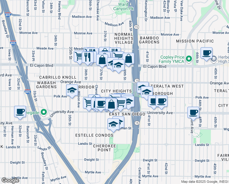 map of restaurants, bars, coffee shops, grocery stores, and more near 4161 37th Street in San Diego
