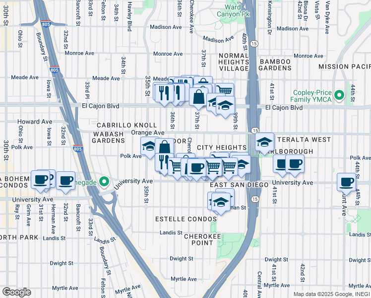 map of restaurants, bars, coffee shops, grocery stores, and more near 4151 Cherokee Avenue in San Diego