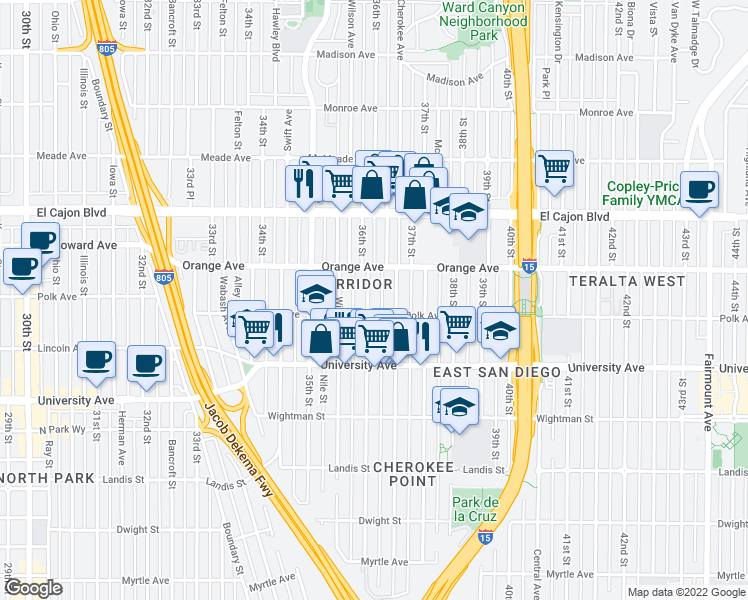 map of restaurants, bars, coffee shops, grocery stores, and more near in San Diego