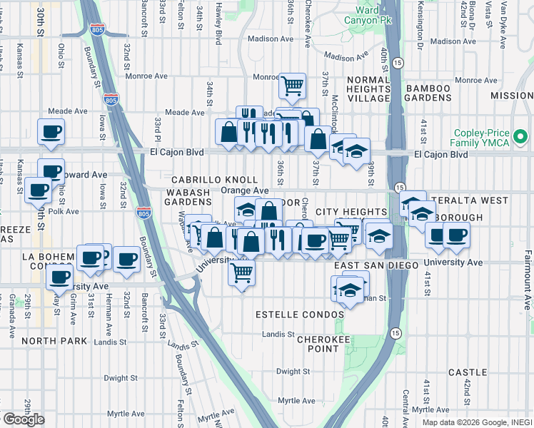 map of restaurants, bars, coffee shops, grocery stores, and more near 4152 Wilson Avenue in San Diego