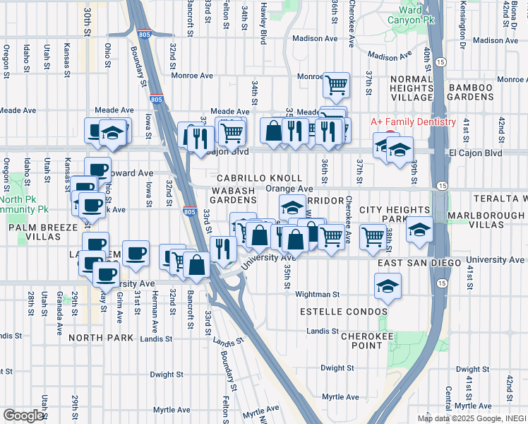 map of restaurants, bars, coffee shops, grocery stores, and more near 4151 34th Street in San Diego
