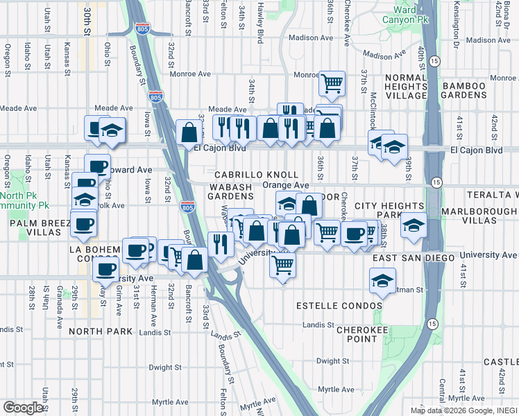 map of restaurants, bars, coffee shops, grocery stores, and more near 4141-47 34th Street in San Diego
