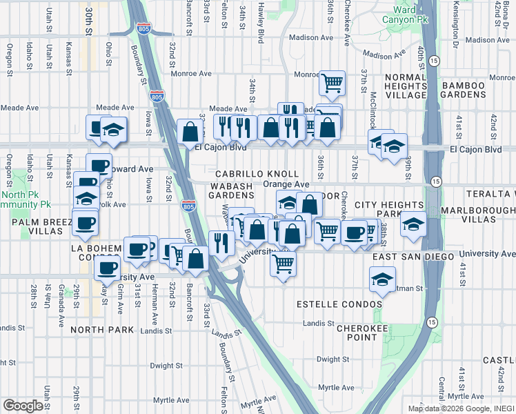 map of restaurants, bars, coffee shops, grocery stores, and more near 4141-47 34th Street in San Diego