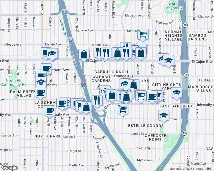 map of restaurants, bars, coffee shops, grocery stores, and more near 4151 34th Street in San Diego
