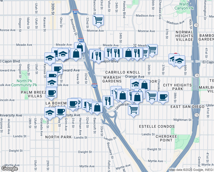 map of restaurants, bars, coffee shops, grocery stores, and more near 4149 Wabash Avenue in San Diego