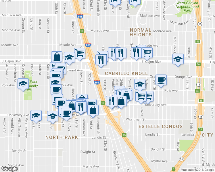 map of restaurants, bars, coffee shops, grocery stores, and more near 4152 33rd Street in San Diego