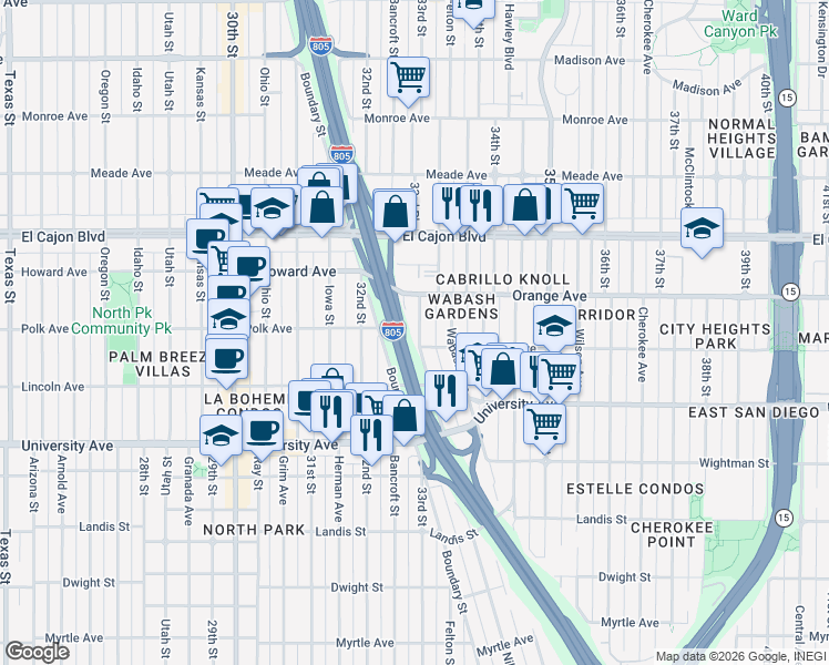 map of restaurants, bars, coffee shops, grocery stores, and more near 4150 33rd Street in San Diego