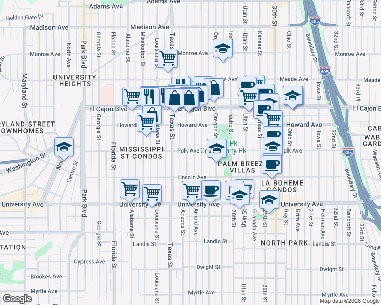 map of restaurants, bars, coffee shops, grocery stores, and more near 4114 1/2 Arizona Street in San Diego