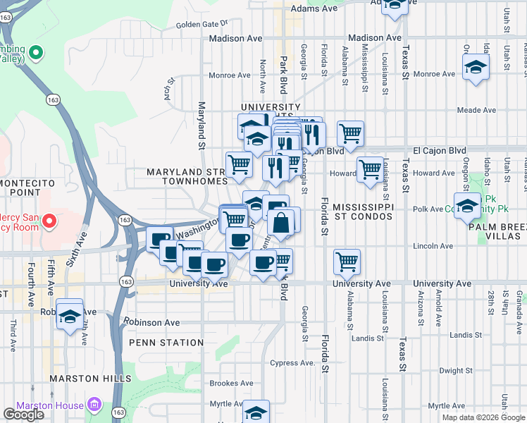 map of restaurants, bars, coffee shops, grocery stores, and more near in San Diego