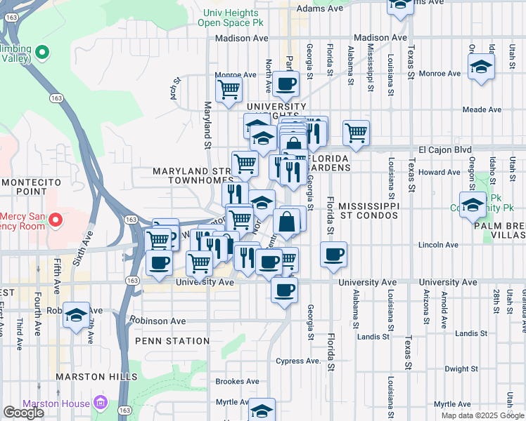 map of restaurants, bars, coffee shops, grocery stores, and more near 122 Washington Street in San Diego