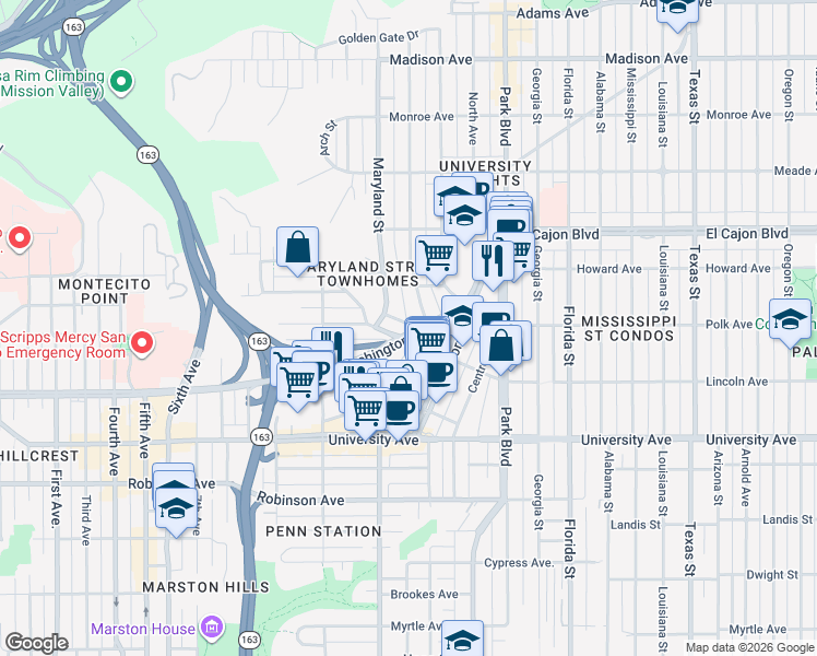 map of restaurants, bars, coffee shops, grocery stores, and more near 4191 Cleveland Avenue in San Diego